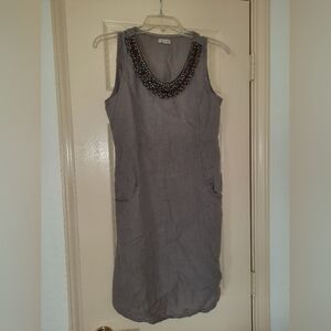 Lina Tomei Womens Dress Size S Gray Linen Stretch Beaded Neckline summer